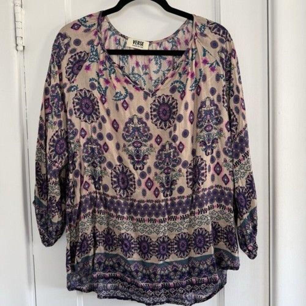 Verse Floral Tunic Blouse V-Neck 3/4 Sleeve Size XL Hippie Boho Festival